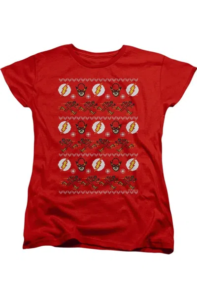 Gildan Dc Comics Flash The Flash Ugly Christmas Sweater Short Sleeve Women´s Tee / T-shirt In Red