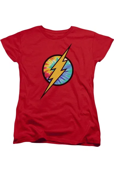 Gildan Dc Comics Flash Tie Dye Flash Logo Short Sleeve Women´s Tee / T-shirt In Red