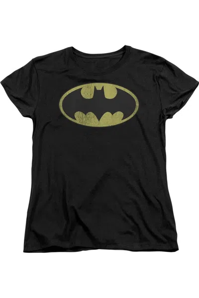 Gildan Dc Comics Retro Bat Logo Distressed Short Sleeve Womens Tee / T-shirt In Black