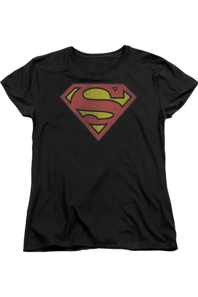 Gildan Dc Comics Retro Supes Logo Distressed Short Sleeve Womens Tee / T-shirt In Black