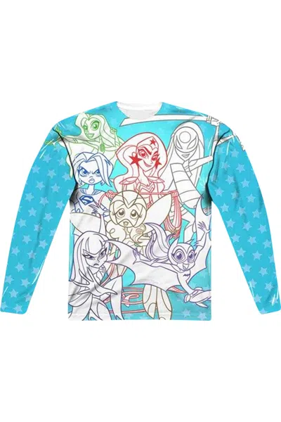 Gildan Dc Comics Superhero Girls Justice Gang (front/back Print) Long Sleeve Adult Poly Crew Tee / T-shirt In White