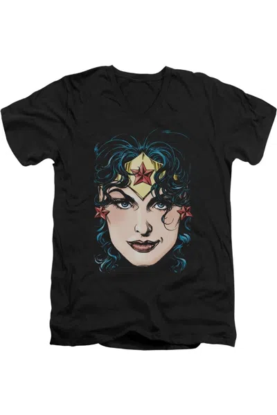 Gildan Dco Justice League Of America Wonder Woman Head Short Sleeve Adult V Neck Premium Cotton Tee / T-shi In Black