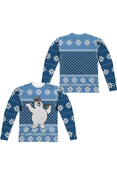 Gildan Frosty The Snowman Frosty Sweater (front/back Print) Long Sleeve Adult Poly Crew Tee / T-shirt In Blue