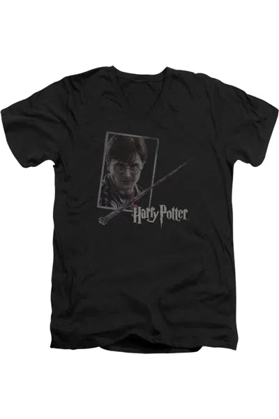 Gildan Kids' Harry Potter Harrys Wand Portrait Short Sleeve Adult V Neck Premium Cotton Tee / T-shirt In Black