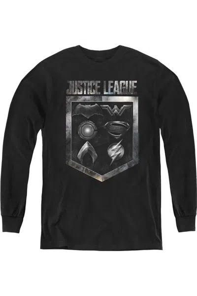 Gildan Kids' Justice League Movie Shield Of Emblems Youth Long Sleeve Tee / T-shirt In Black