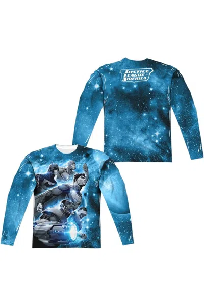 Gildan Justice League Of America Atmospheric (front/back Print) Long Sleeve Adult Poly Crew Tee / T-shirt In White