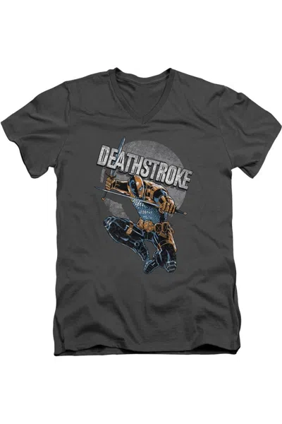 Gildan Justice League Of America Deathstroke Retro Short Sleeve Adult V Neck Premium Cotton Tee / T-shirt In Pink