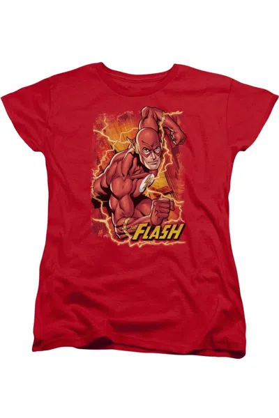 Gildan Justice League Of America Flash Lightning Short Sleeve Womens Tee / T-shirt In Red
