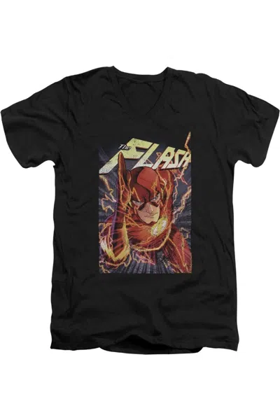 Gildan Justice League Of America Flash One Short Sleeve Adult V Neck Premium Cotton Tee / T-shirt In Black