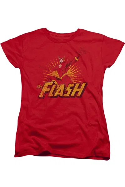 Gildan Justice League Of America Flash Rough Distress Short Sleeve Womens Tee / T-shirt In Red