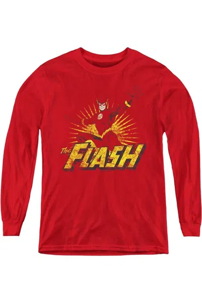Gildan Kids' Justice League Of America Flash Rough Distress Youth Long Sleeve Tee / T-shirt In Red