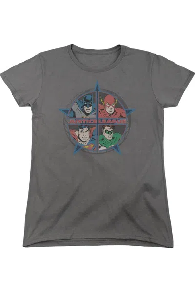 Gildan Justice League Of America Four Heroes Short Sleeve Womens Tee / T-shirt In Gray