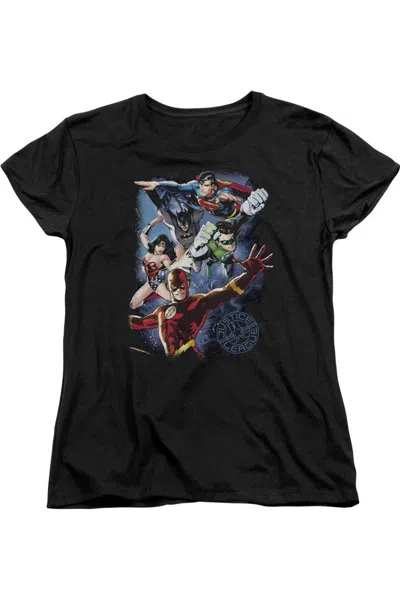 Gildan Justice League Of America Galactic Attack Color Short Sleeve Womens Tee / T-shirt In Black