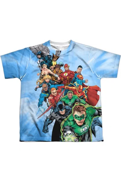 Gildan Kids' Justice League Of America Heroes Unite Short Sleeve Youth Poly Crew Tee / T-shirt In Blue
