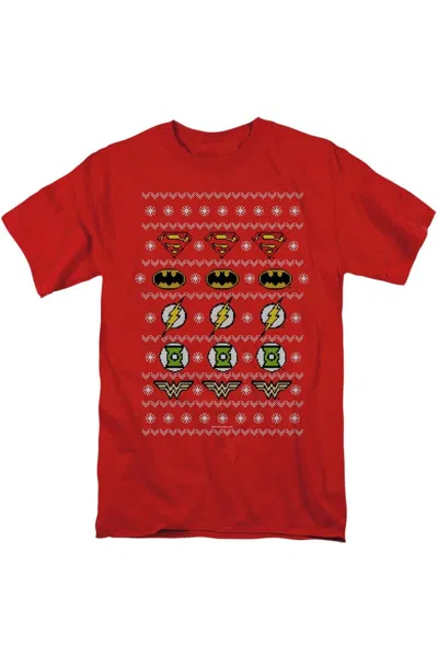 Gildan Justice League Of America Justice Shields Christmas Sweater Short Sleeve Adult Tee / T-shirt In Red