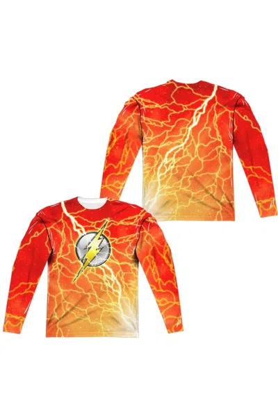 Gildan Justice League Of America Lightning Logo (front/back Print) Long Sleeve Adult Poly Crew Tee / T-shir In Multi