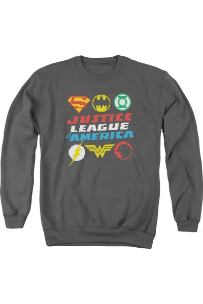 Gildan Justice League Of America Pixel Logos Adult Crewneck Sweatshirt In Pink