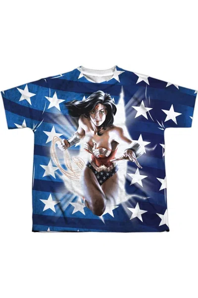 Gildan Kids' Justice League Of America Ripped Flag (front/back Print) Short Sleeve Youth Poly Crew Tee / T-shirt In Blue