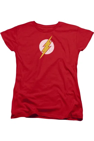 Gildan Justice League Of America Destroyed Flash Logo Short Sleeve Womens Tee / T-shirt In Red