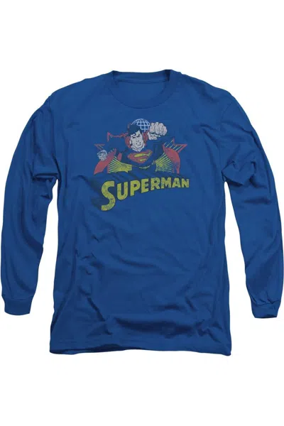 Gildan Justice League Of America Superman Rough Distress Long Sleeve Adult Tee / T-shirt In Black