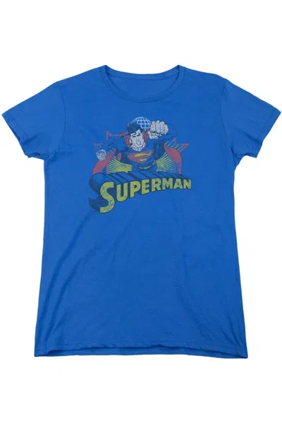 Gildan Justice League Of America Superman Rough Distress Short Sleeve Womens Tee / T-shirt In Blue