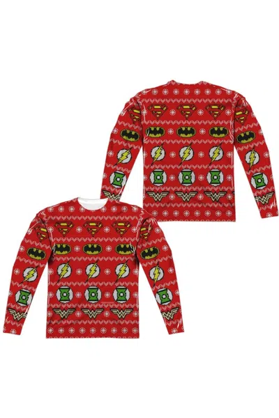 Gildan Justice League Of America Sweater Of Justice (front/back Print) Long Sleeve Adult Poly Crew Tee / T- In White