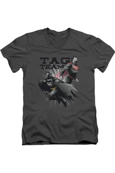 Gildan Justice League Of America Tag Team Short Sleeve Adult V Neck Premium Cotton Tee / T-shirt In Pink