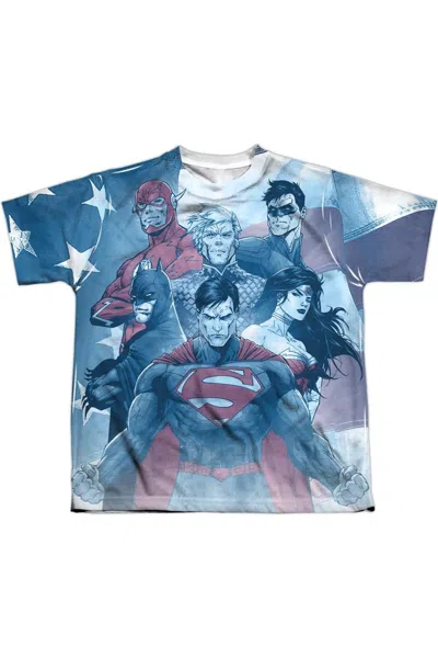 Gildan Kids' Justice League Of America United Short Sleeve Youth Poly Crew Tee / T-shirt In Blue