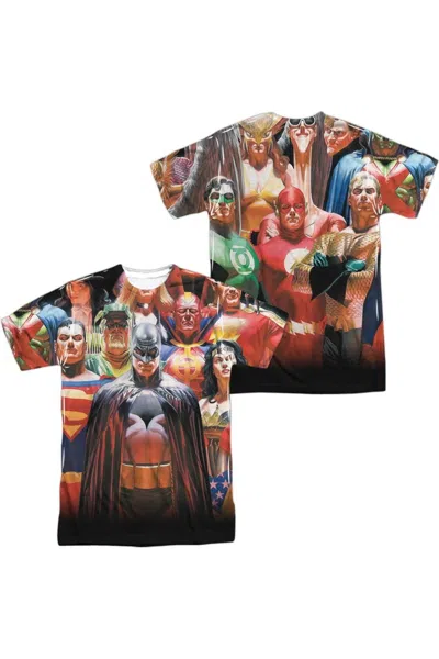 Gildan Justice League Of America Wall Of Heroes (front/back Print) Short Sleeve Adult Poly Crew Tee / T-shi In White