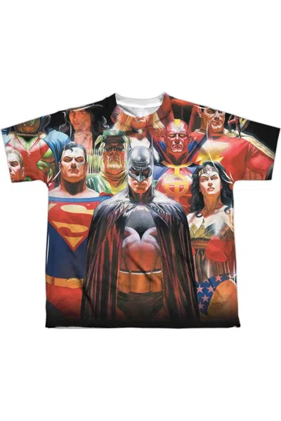 Gildan Kids' Justice League Of America Wall Of Heroes (front/back Print) Short Sleeve Youth Poly Crew Tee / T-shi In White
