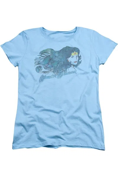 Gildan Justice League Of America Watercolor Hair Short Sleeve Womens Tee / T-shirt In Blue