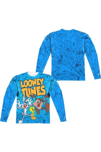 Gildan Looney Tunes Collage Of Characters (front/back Print) Long Sleeve Adult Poly Crew Tee / T-shirt In Blue
