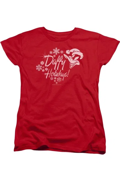 Gildan Looney Tunes Daffy Holidays Short Sleeve Womens Tee / T-shirt In Red