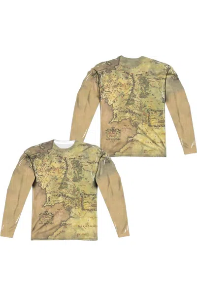 Gildan Lord Of The Rings Middle Earth Map (front/back Print) Long Sleeve Adult Poly Crew Tee / T-shirt In White