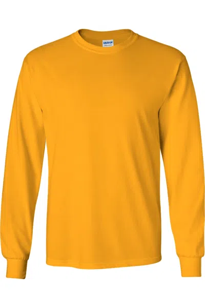 Gildan Mens Plain Crew Neck Ultra Cotton Long Sleeve T-shirt In Gold