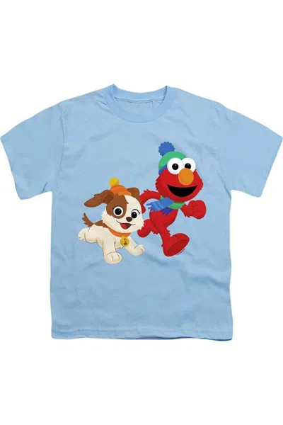 Gildan Kids' Sesame Street Best Friends, Elmo And Tango Winter Fun Short Sleeve Youth Tee / T-shirt In Blue