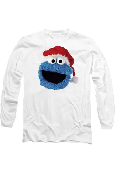 Gildan Sesame Street Cookie Monster Christmas Hat Long Sleeve Adult Tee / T-shirt In White