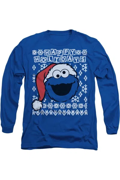 Gildan Sesame Street Cookie Monster Ugly Christmas Long Sleeve Adult Tee / T-shirt In Blue
