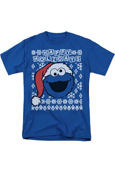 Gildan Sesame Street Cookie Monster Ugly Christmas Short Sleeve Adult Tee / T-shirt In Blue