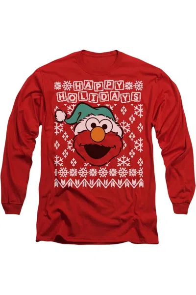 Gildan Sesame Street Elmo Ugly Christmas Long Sleeve Adult Tee / T-shirt In Red