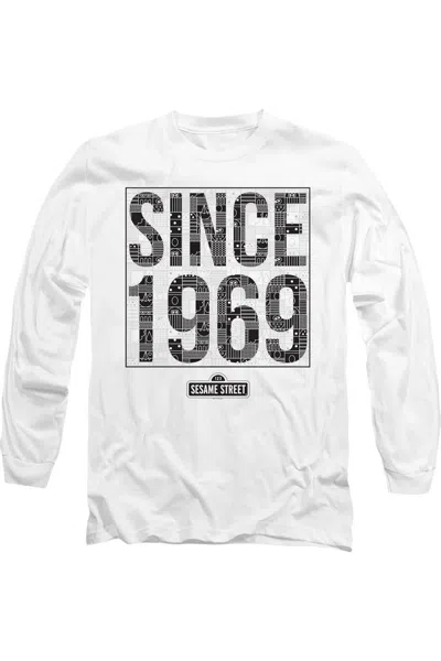 Gildan Sesame Street Since 1969 Pattern Long Sleeve Adult Tee / T-shirt In White