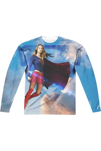 Gildan Supergirl Up In The Sky (front/back Print) Long Sleeve Adult Poly Crew Tee / T-shirt In White