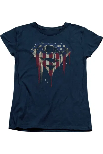 Gildan Superman Bleeding Shield Short Sleeve Womens Tee / T-shirt In Blue