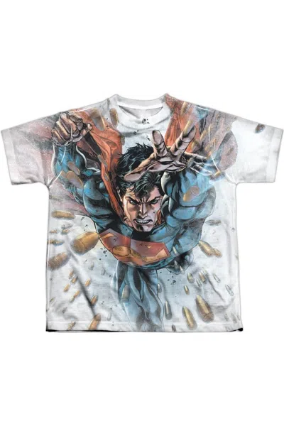 Gildan Kids' Superman Bullets In The Sky Short Sleeve Youth Poly Crew Tee / T-shirt In White