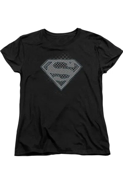 Gildan Superman Checkerboard Short Sleeve Womens Tee / T-shirt In Black