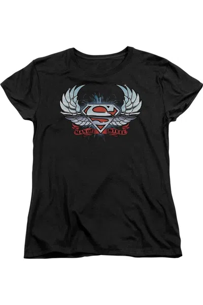 Gildan Superman Chrome Wings Shield Short Sleeve Womens Tee / T-shirt In Black