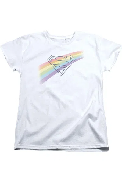 Gildan Superman Distressed Outline Short Sleeve Womens Tee / T-shirt In White