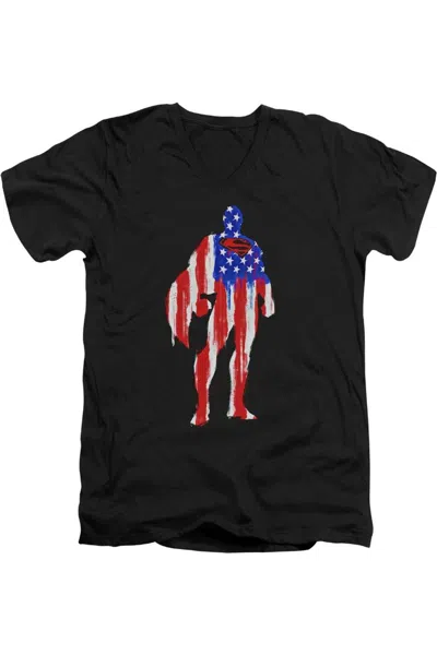 Gildan Superman Flag Silhouette Short Sleeve Adult V Neck Premium Cotton Tee / T-shirt In Black