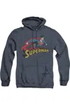 Gildan Superman Flying Over Adult Heather Hoodie / Hooded Sweatshirt In Blue