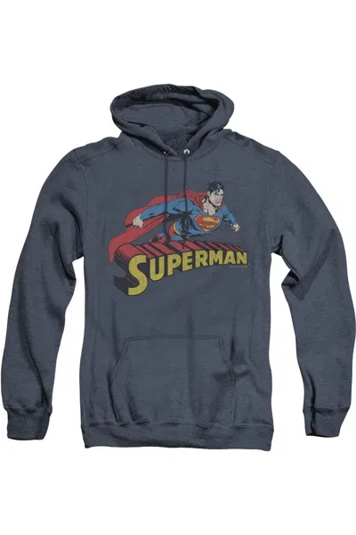Gildan Superman Flying Over Adult Heather Hoodie / Hooded Sweatshirt In Blue
